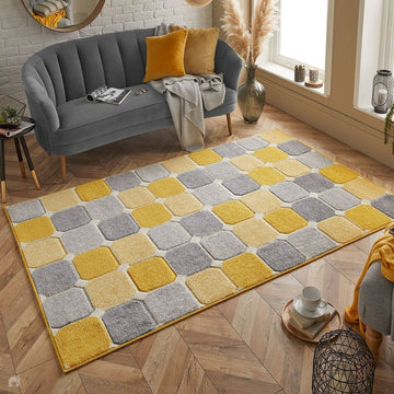 Portland 172 J Modern Geometric Blocks Carved Durable Short Pile Yellow/Grey/Cream Rug-Melrose-Rug Love - The Most Loved Rug Store